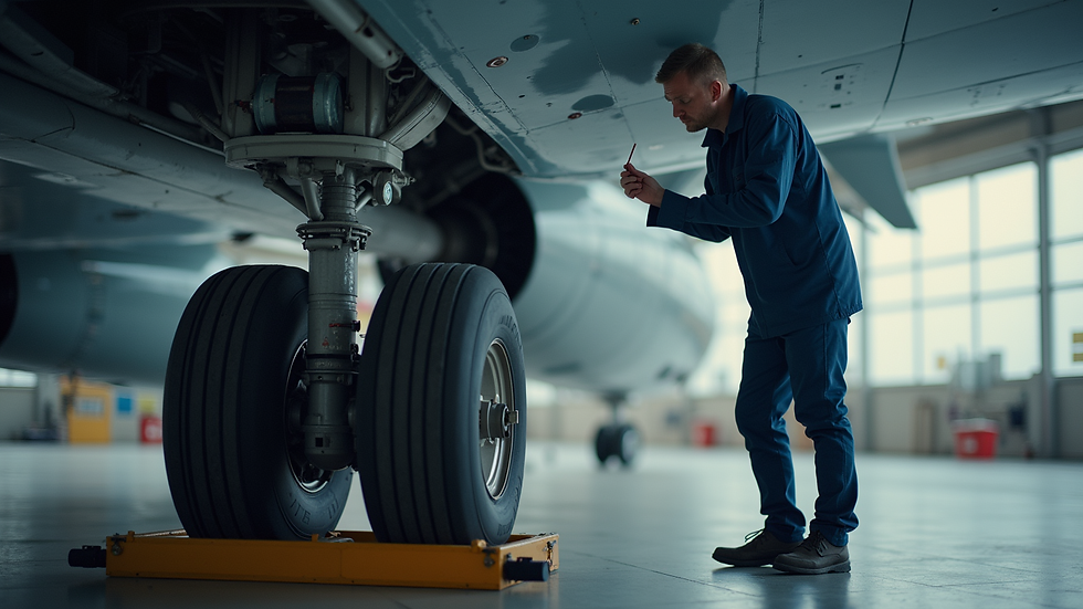 Close-up view of aircraft maintenance engineer inspecting landing gear