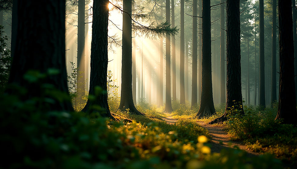 Eye-level view of a dense forest with tall trees