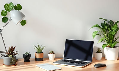 A desk with a laptop on it the room should have plants .jpg