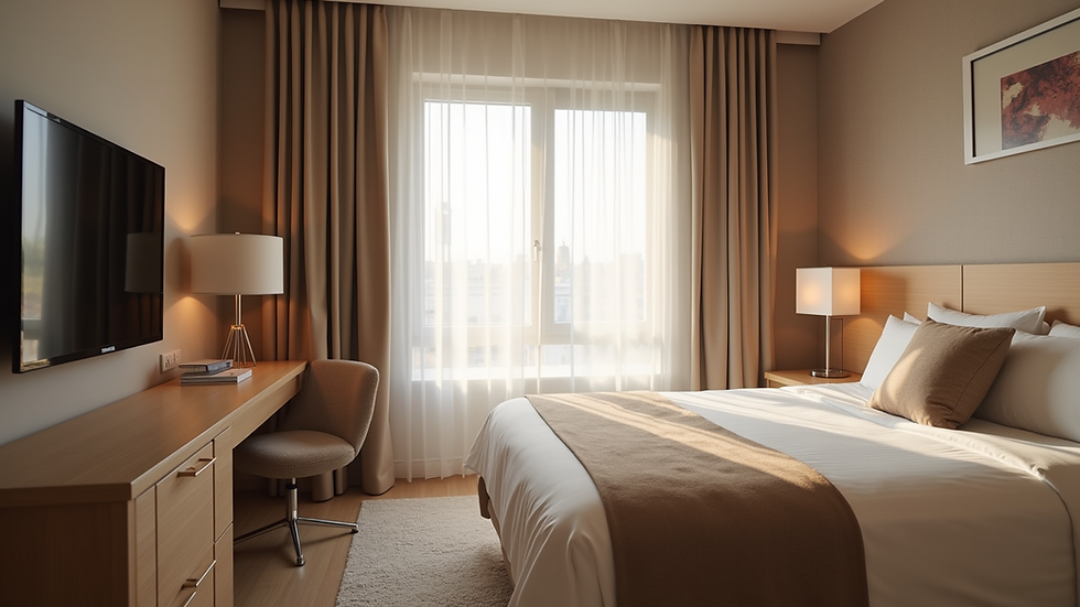 Eye-level view of a modern hotel room with cozy bed and natural light