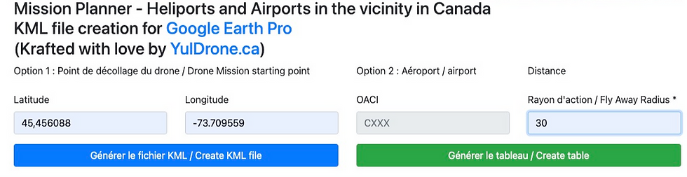 Entrez les coordonnées GPS ou le sigle OACI de l'aéroport le plus proche, ainsi que le rayon d'action de votre drone