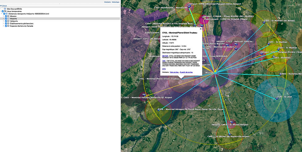 Visualisation d'une mission à Verdun, avec un drone qui a environ 35km de rayon d'action. Notez qu'en cliquant sur les punaises, vous accédez à plus d'informations.