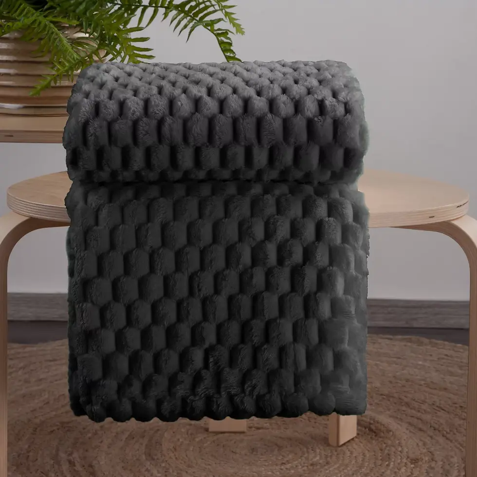 Thumbnail: Black blanket, very soft to the touch, with a 3D embossed pattern.