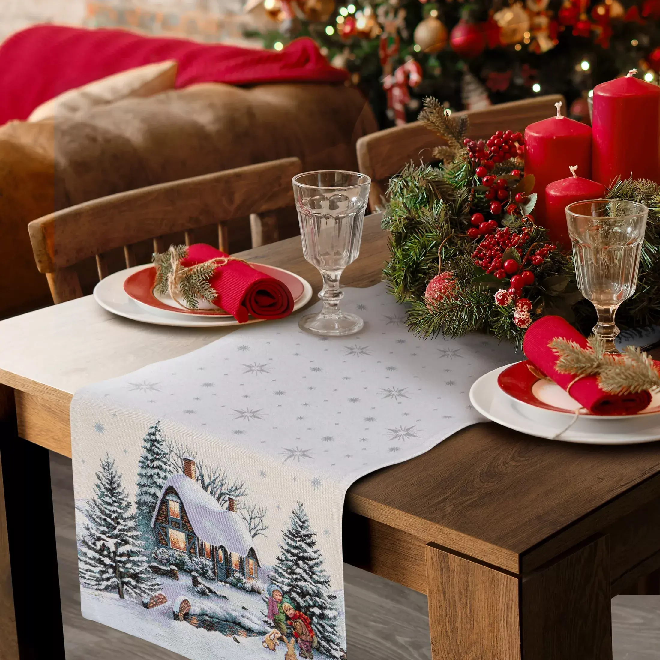 Natural tablecloth Christmas tapestry with a winter town pattern.