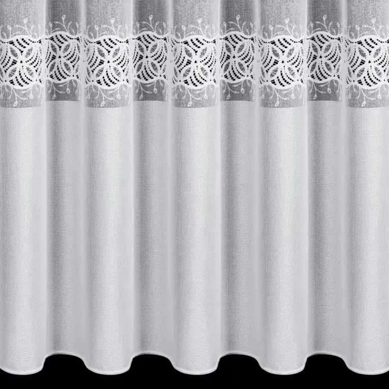 Thumbnail: Royal L167.3/White curtain decorated with applique and a wide woven belt.