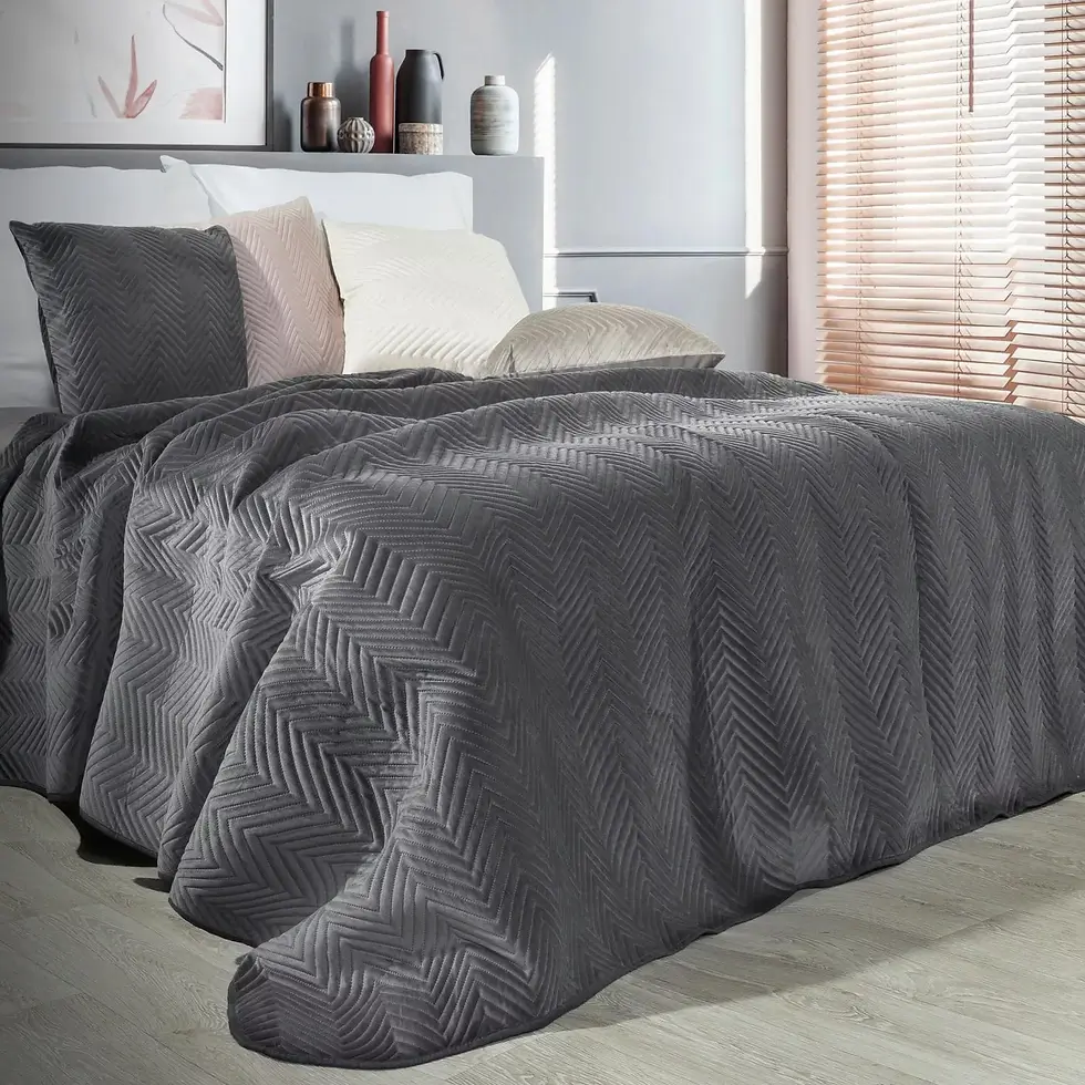 Thumbnail: The velvet bedspread is quilted with a herringbone pattern using the hot-pressin