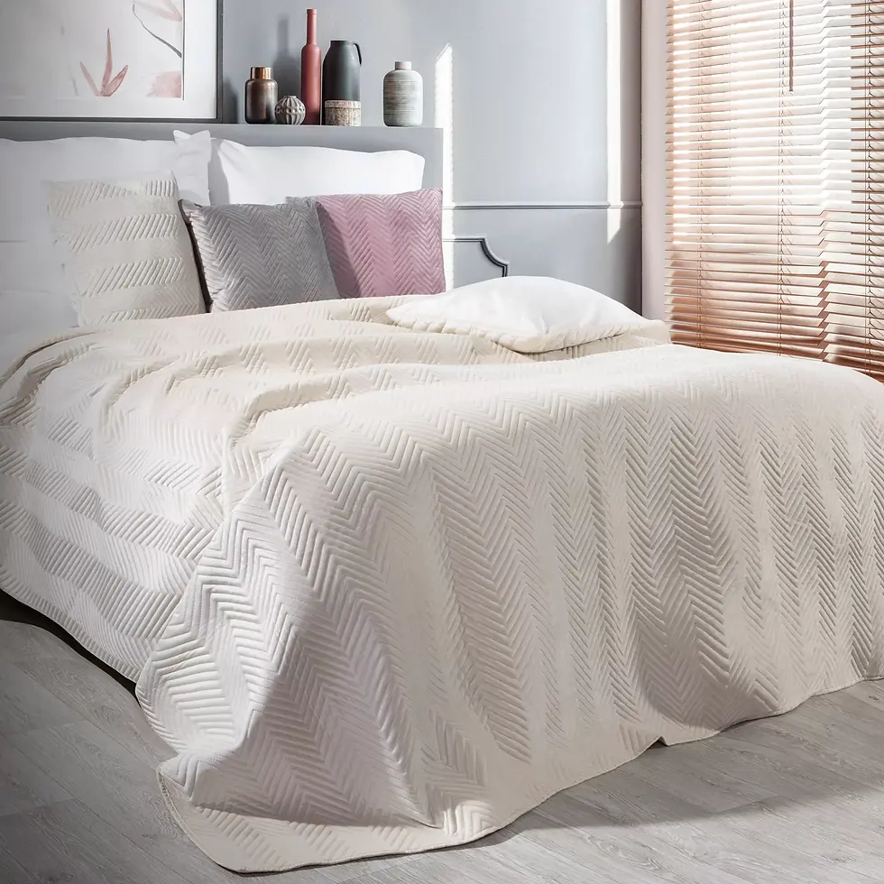 Thumbnail: The velvet bedspread is quilted with a herringbone pattern using the hot-pressin