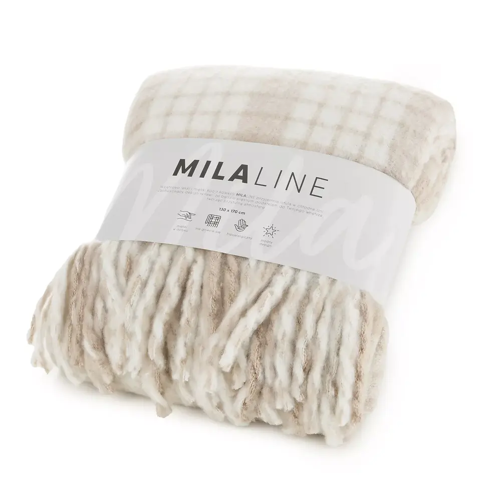 Thumbnail: Blanket 130x170 cm beige, cream with ombre effect and fringe MOHAIR.