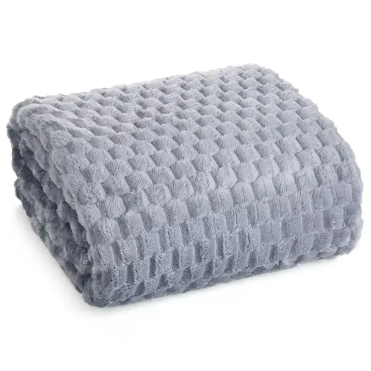 Thumbnail: The blanket is silver, very soft to the touch, with a 3D embossed pattern.