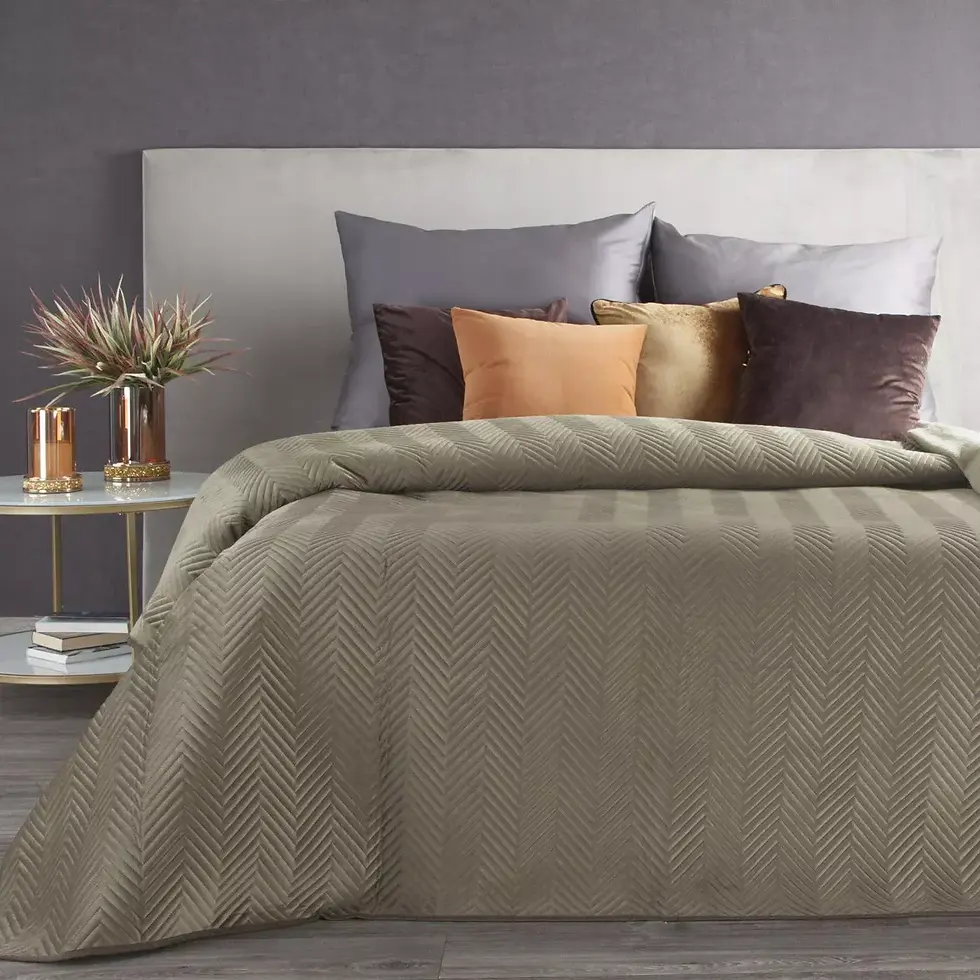 Thumbnail: The velvet bedspread is quilted with a herringbone pattern using the hot-pressin