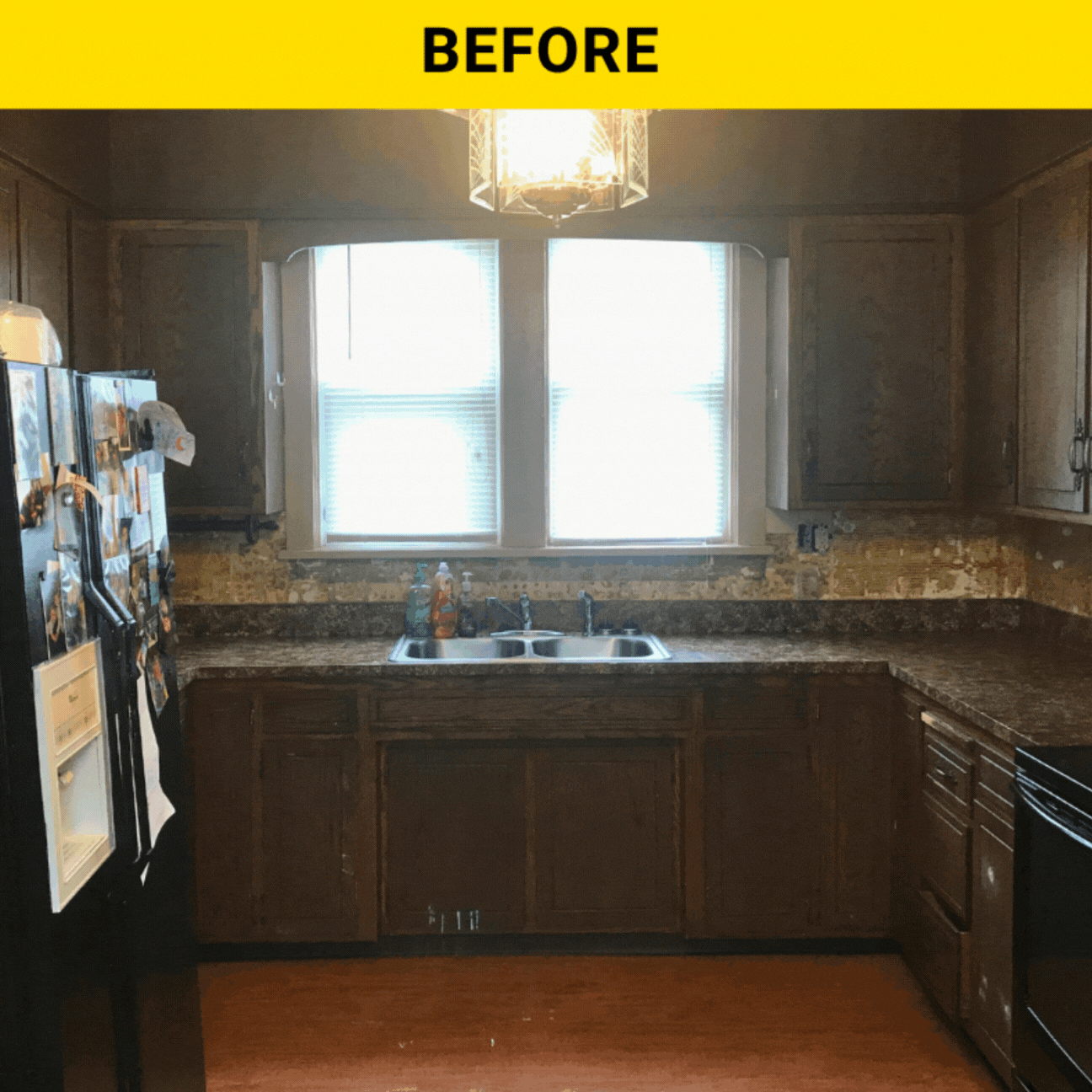 GIF of a Before-and-after kitchen remodel, showing replaced sink, counter, refrigerator, cabinets and wall.