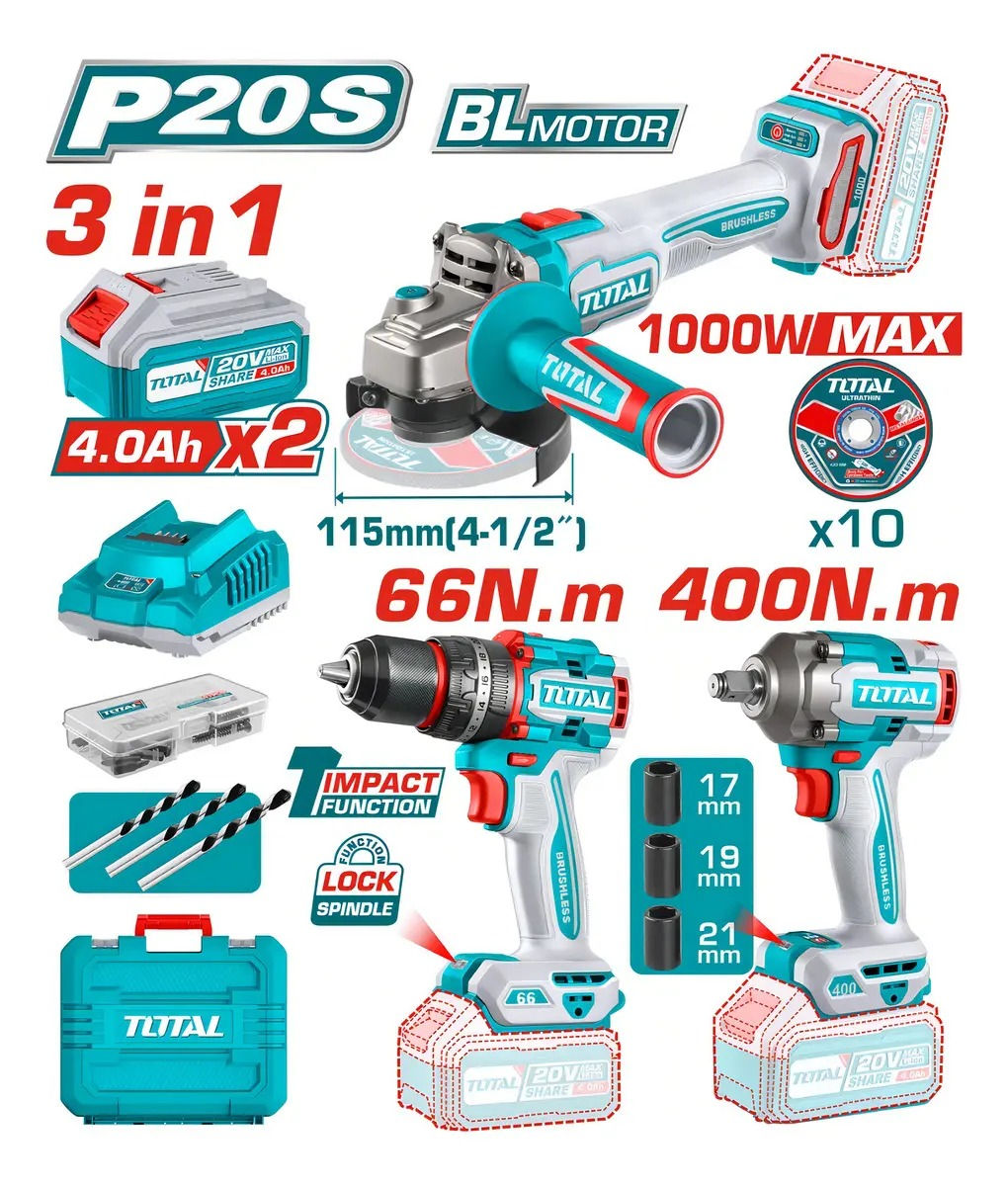 Kit Taladro+esmeril+llave 20v Total Tosli241291