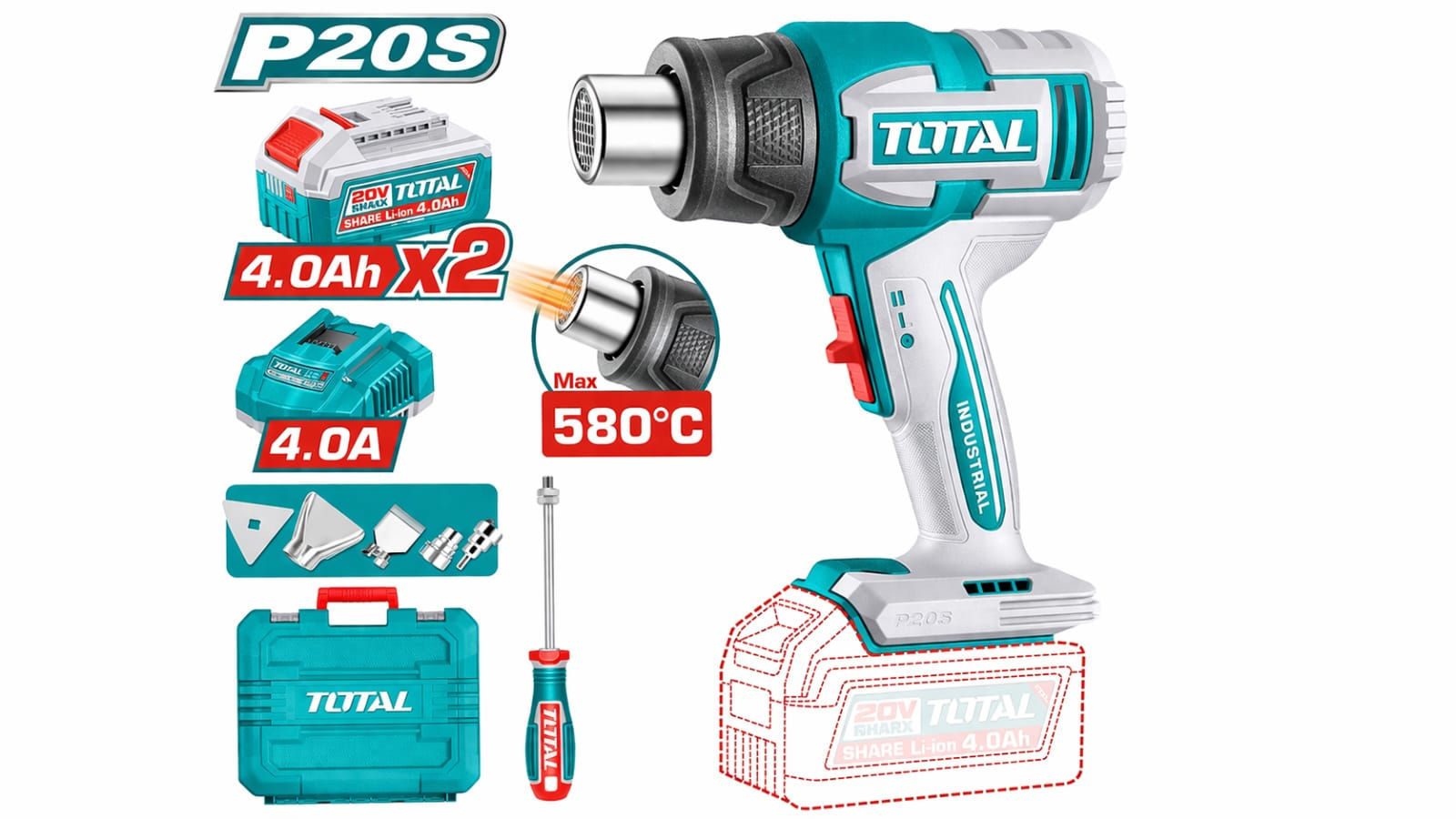 PISTOLA DE CALOR INALAMBRICO 20V + CARG Y 2 BAT 4amp TOTAL