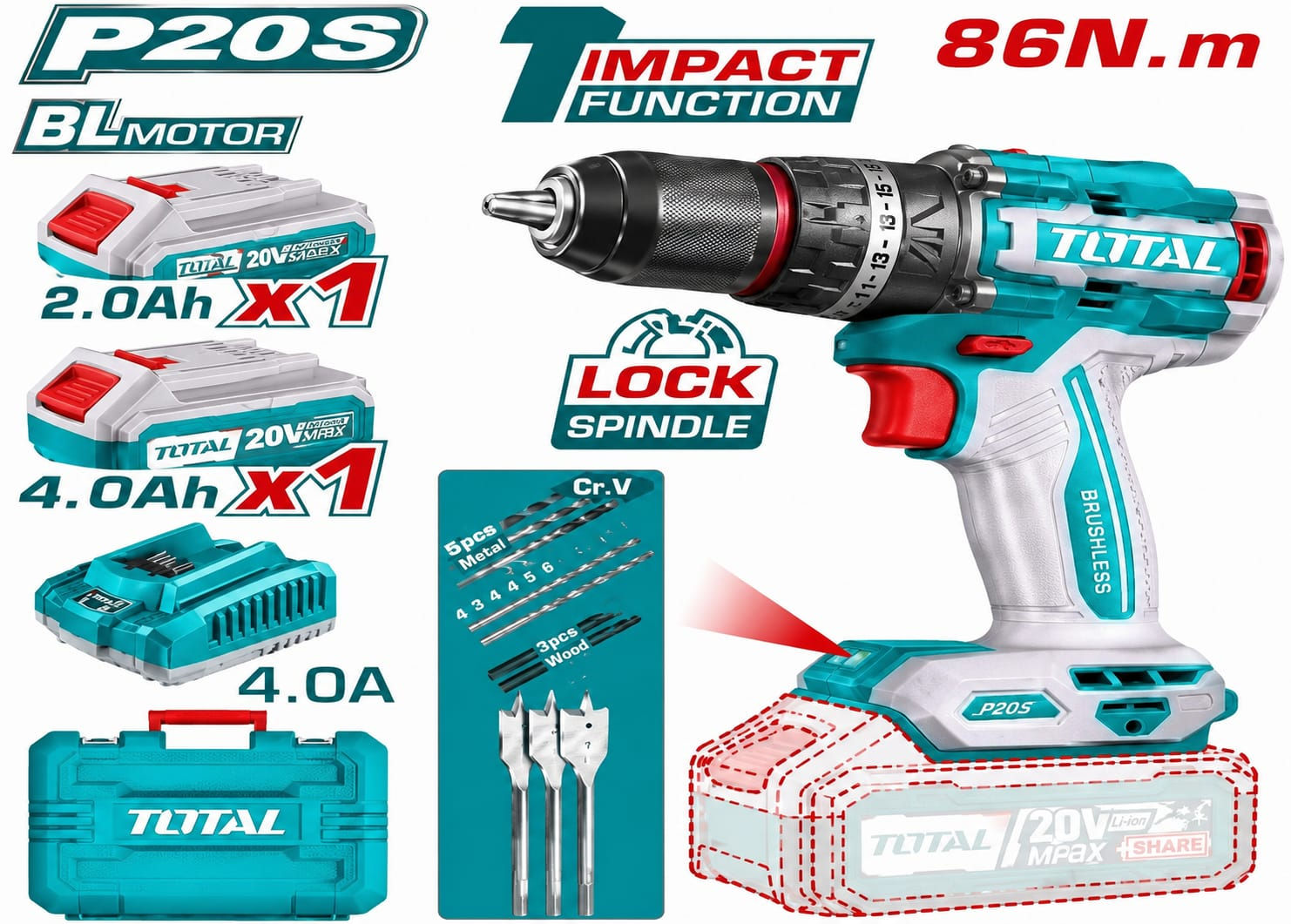 TALADRO INAL DE IMPAC 13MM 20V 86NM +BATYCAR