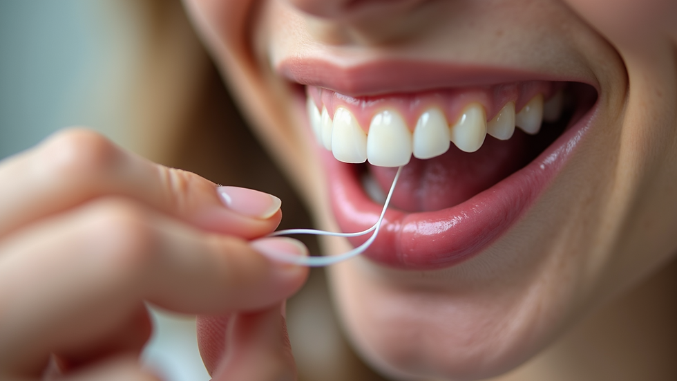 Close-up view of dental floss being used between teeth