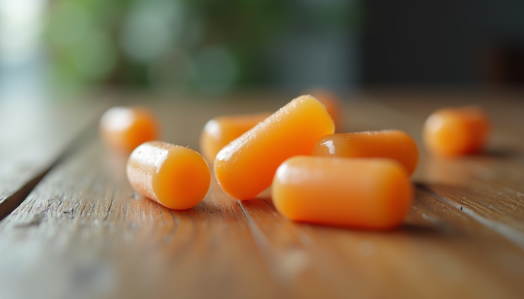 Close-up view of chewing gum pieces on a wooden surface