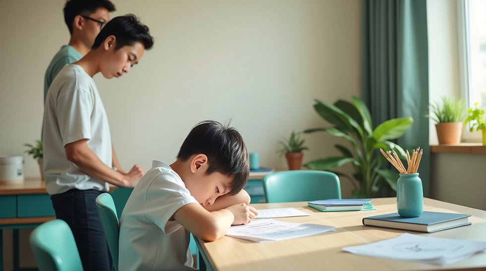A young boy disappointed at a table in a bright home study, with two adults standing in the background.