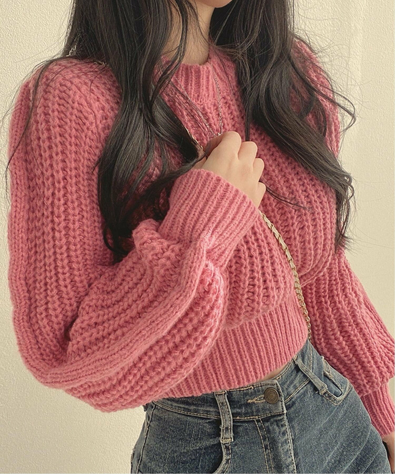 모던 라운드핏 숏 니트, 핑크