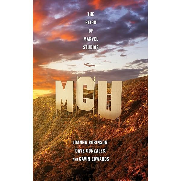 A cover of "The Reign of Marvel Studios" book which is a parody of the Hollywood sign but with MCU under a sunset-looking sky.