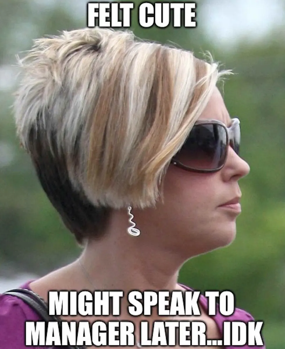 A image of woman called a "Karen" with the caption, "Felt cute, might speak to manager later...Idk."