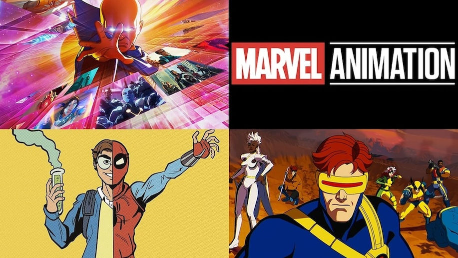 Four panels showing examples of Marvel Animation. Panel one shows a giant bald man with his hand sticking out, the second panel is the Marvel Animation logo, third is a cross between a boy and a guy in a spider suit, and the fourth shows an ensemble of heroes from X-men 97