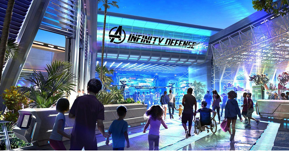 a concept art of a Disney Parks attraction filled with park goers heading into a giant area with a huge logo that says "A Infinity Defense"