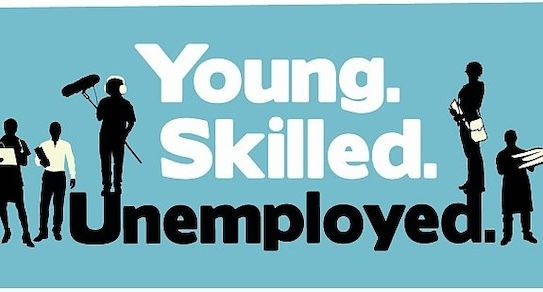 blue background with giant bold words: young, skilled, and unemployed in front of it while being surrounded by silhouettes of different people depicting careers