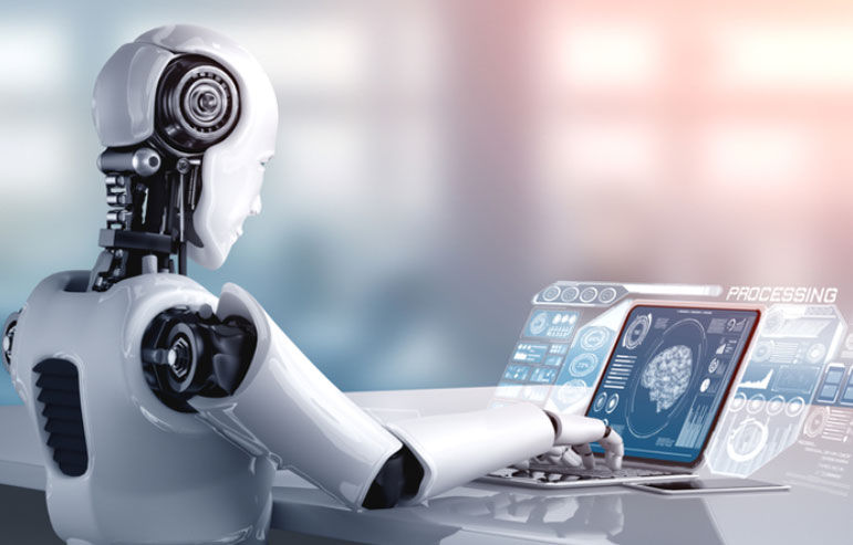 an artificial intelligence robot working on a computer