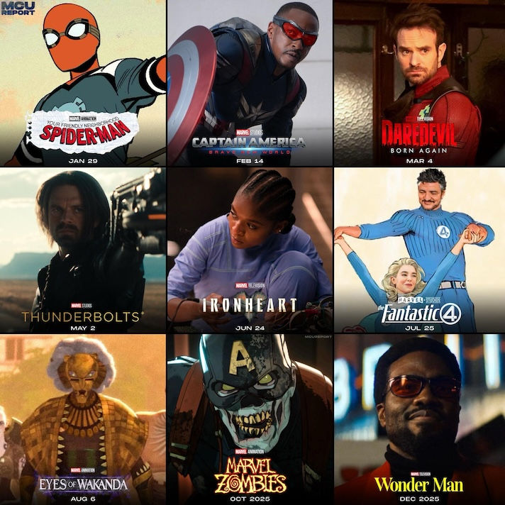 9 square blocks making a larger square with each block having a Marvel show or movie appearing in 2025.
