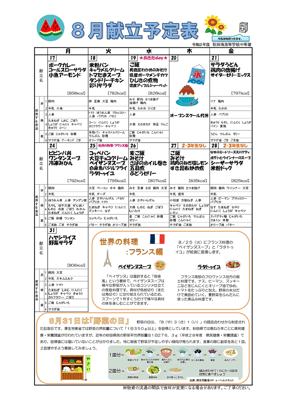 8月の給食を紹介します 8月の給食を紹介します