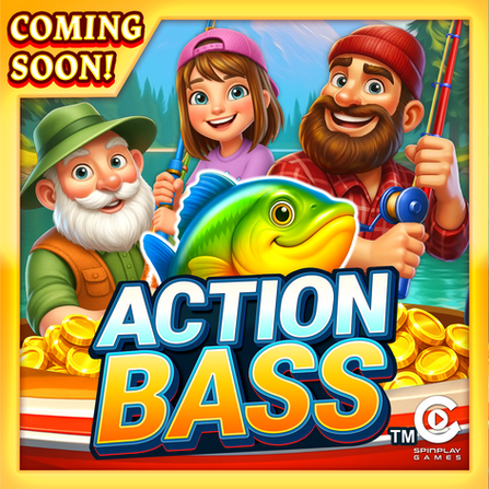 Promotional banner for Spinplay Games' Action Bass™ slot game. A grandfather with a white beard and green fishing hat, a young girl, and her father pose together on a fishing trip beside a peaceful lake. The family holds fishing rods and smiles as a large pile of gold coins fills the foreground. A vibrant green and yellow bass fish appears next to the Action Bass™ logo, with a scenic forest and lakeside backdrop completing the colorful outdoor fishing theme.