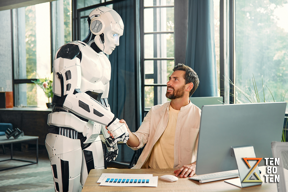 Illustration of a virtual assistant using AI-powered tools on a laptop, with icons representing automation, chatbots, data analysis, and scheduling surrounding the screen.