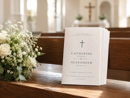 Catholic wedding Mass program displayed on a church pew beside a white bridal bouquet, featuring an elegant black cross design for a traditional Nuptial Mass.