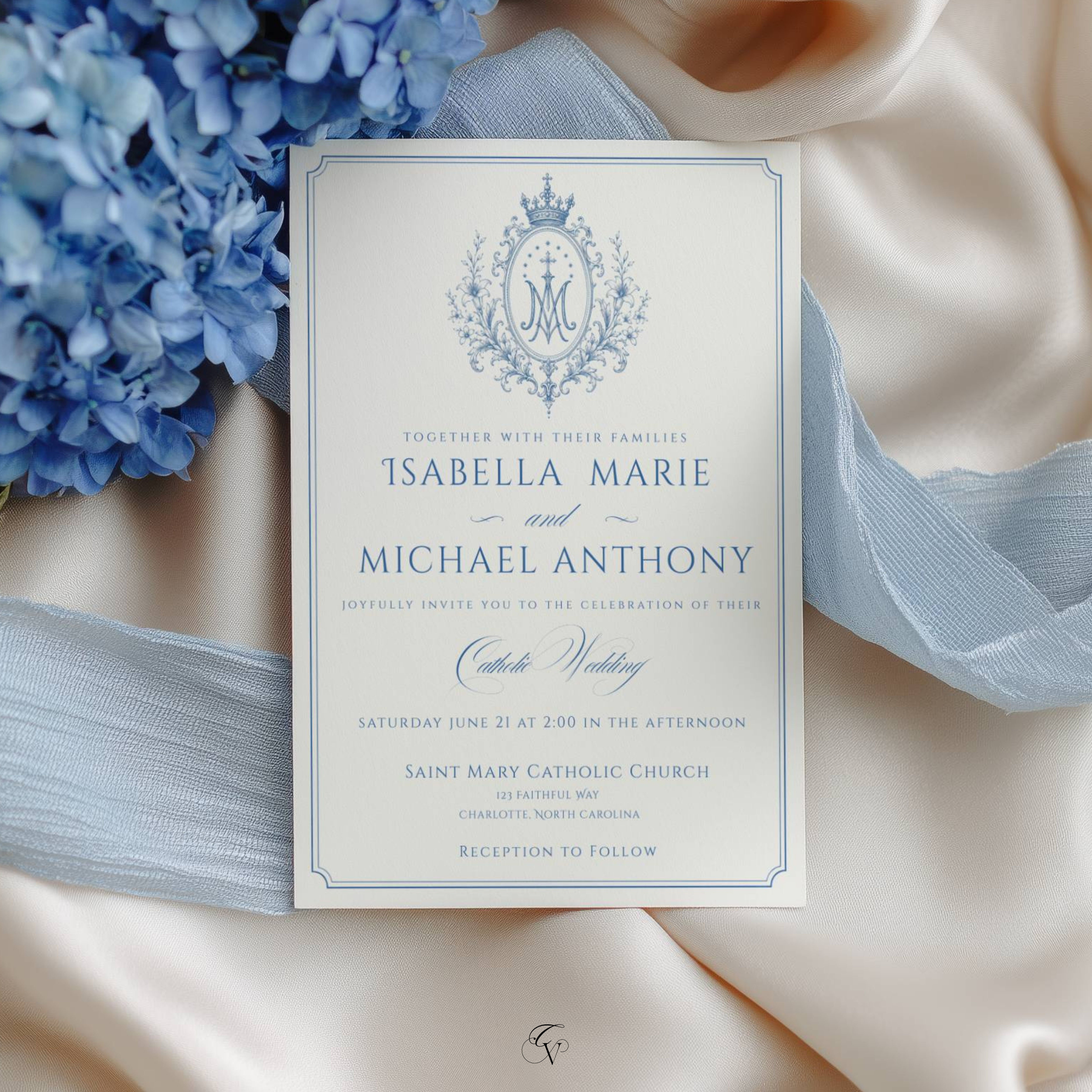Catholic Wedding Invitation Template Editable in Canva, French Blue Marian