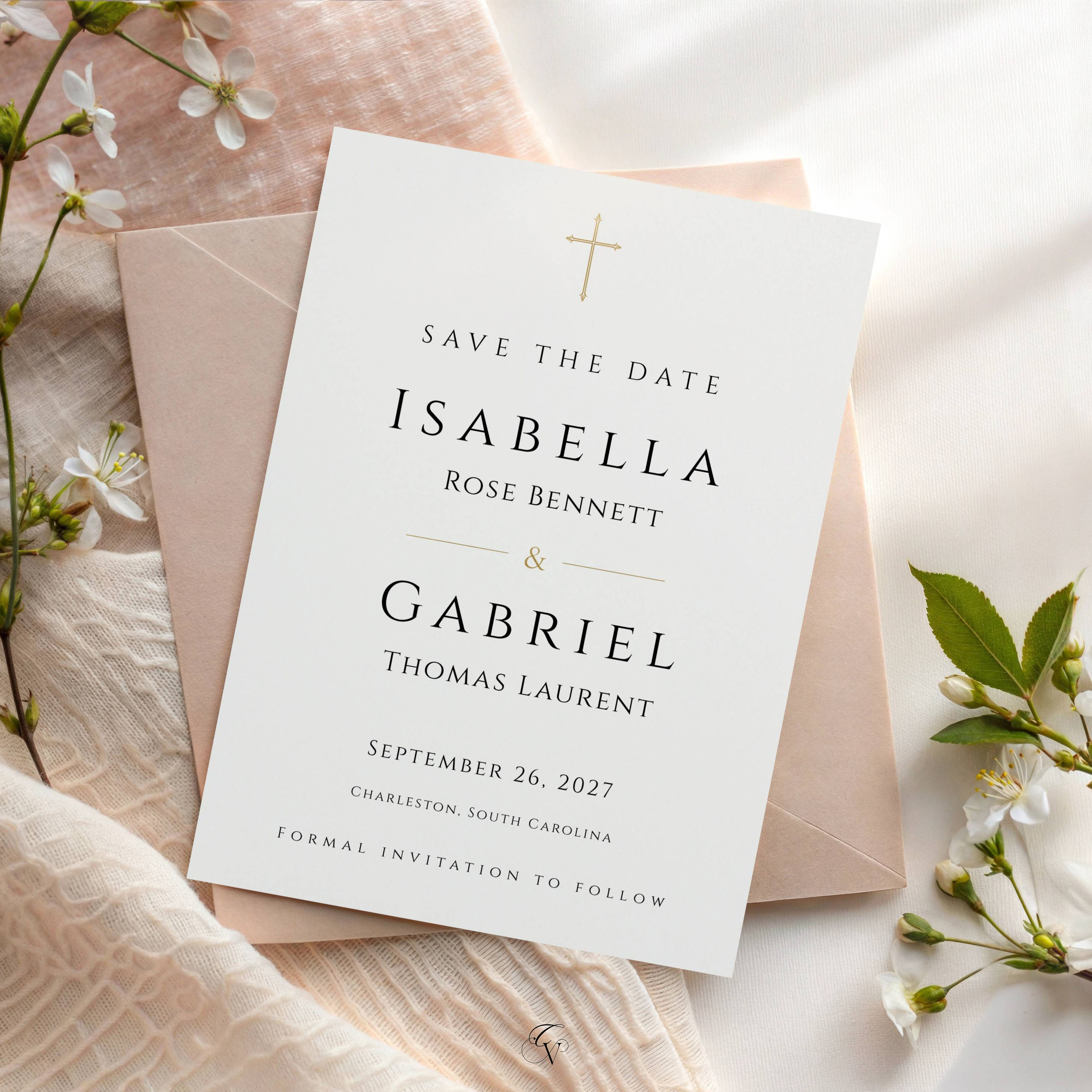 Wedding Save the Date Template 5x7 Editable in Canva, Elegant Cross