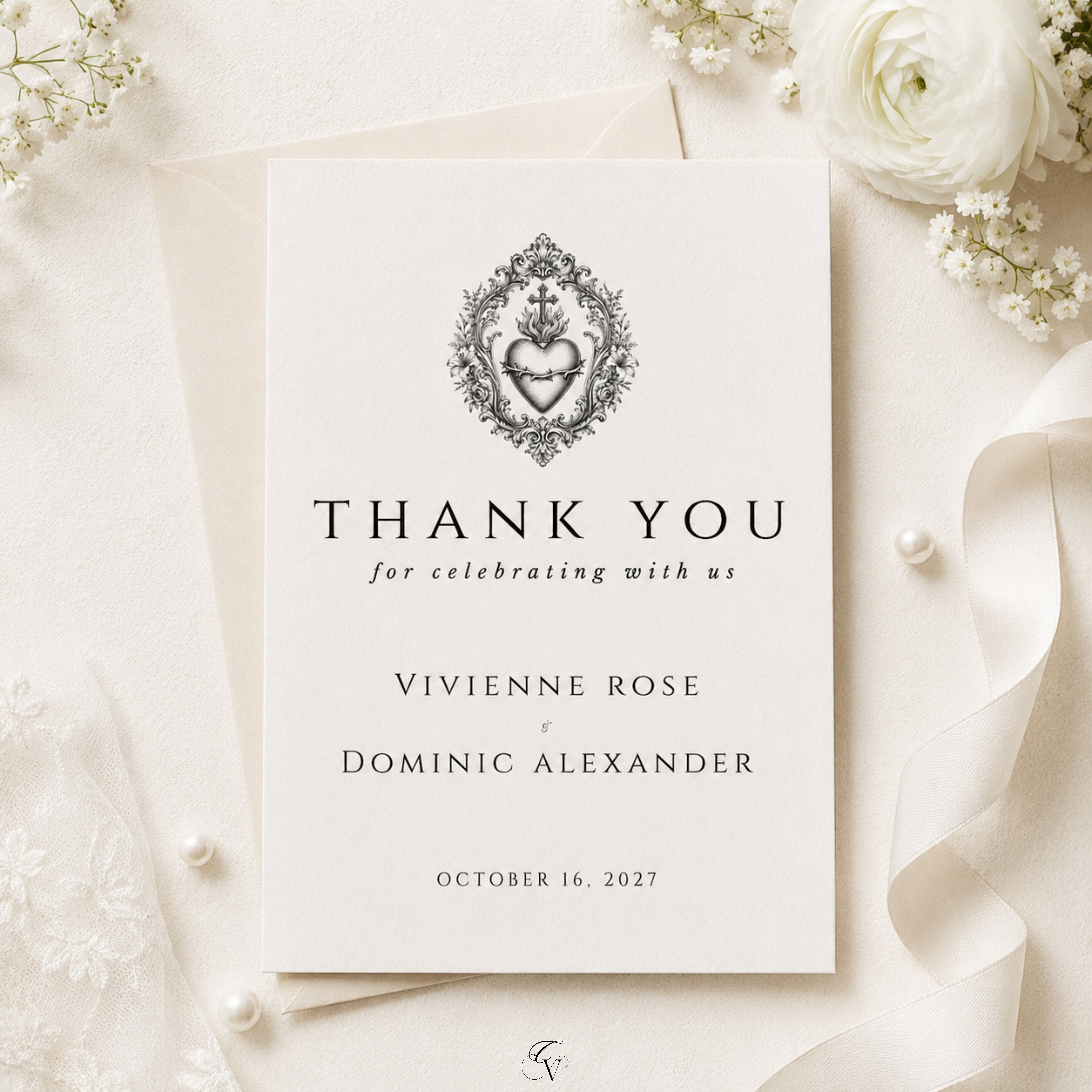 Catholic Wedding Thank You Card Template, Editable Canva 5x7 Card, Sacred Heart