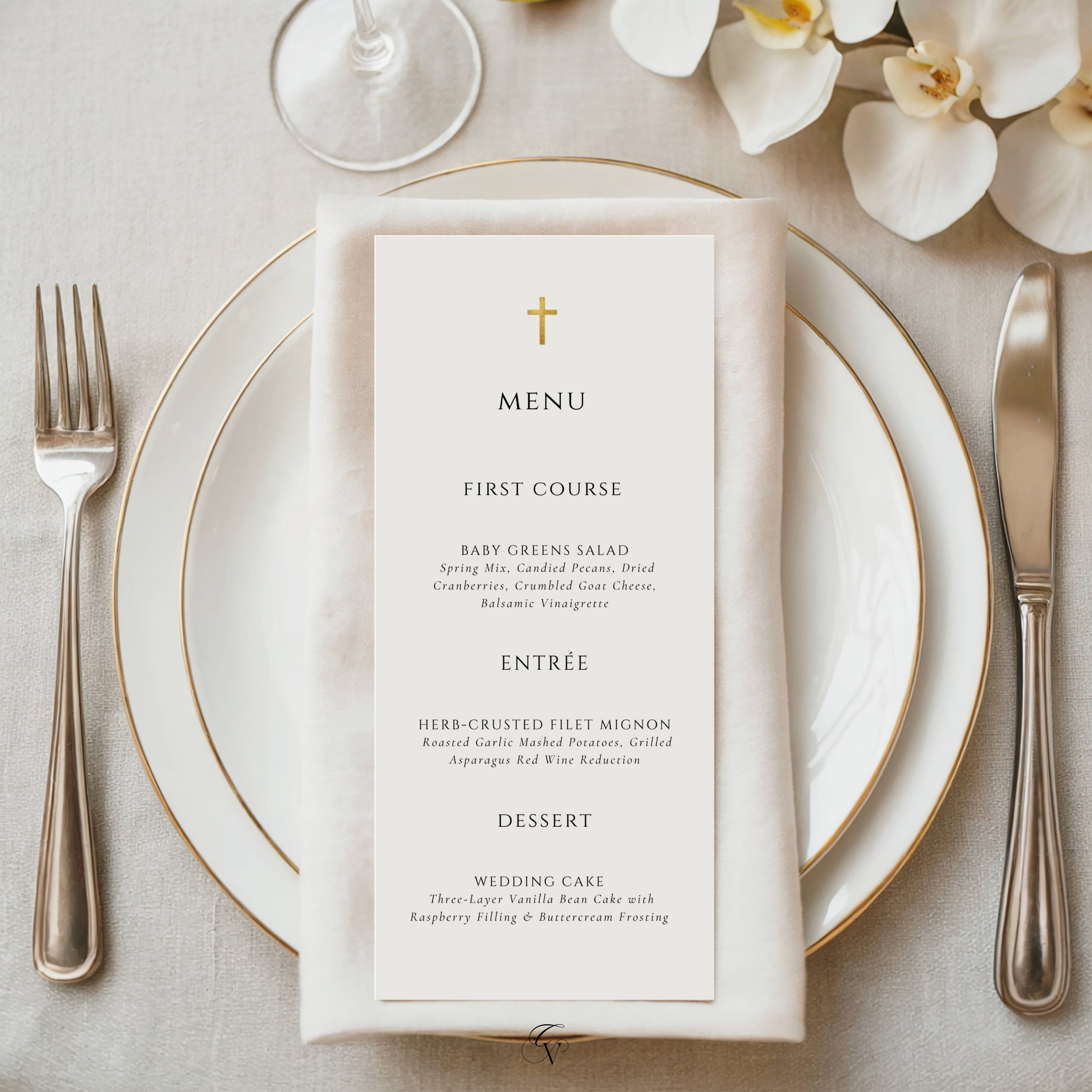 Catholic Wedding Menu Template 4x9 | Editable Canva Reception menu, Gold Cross