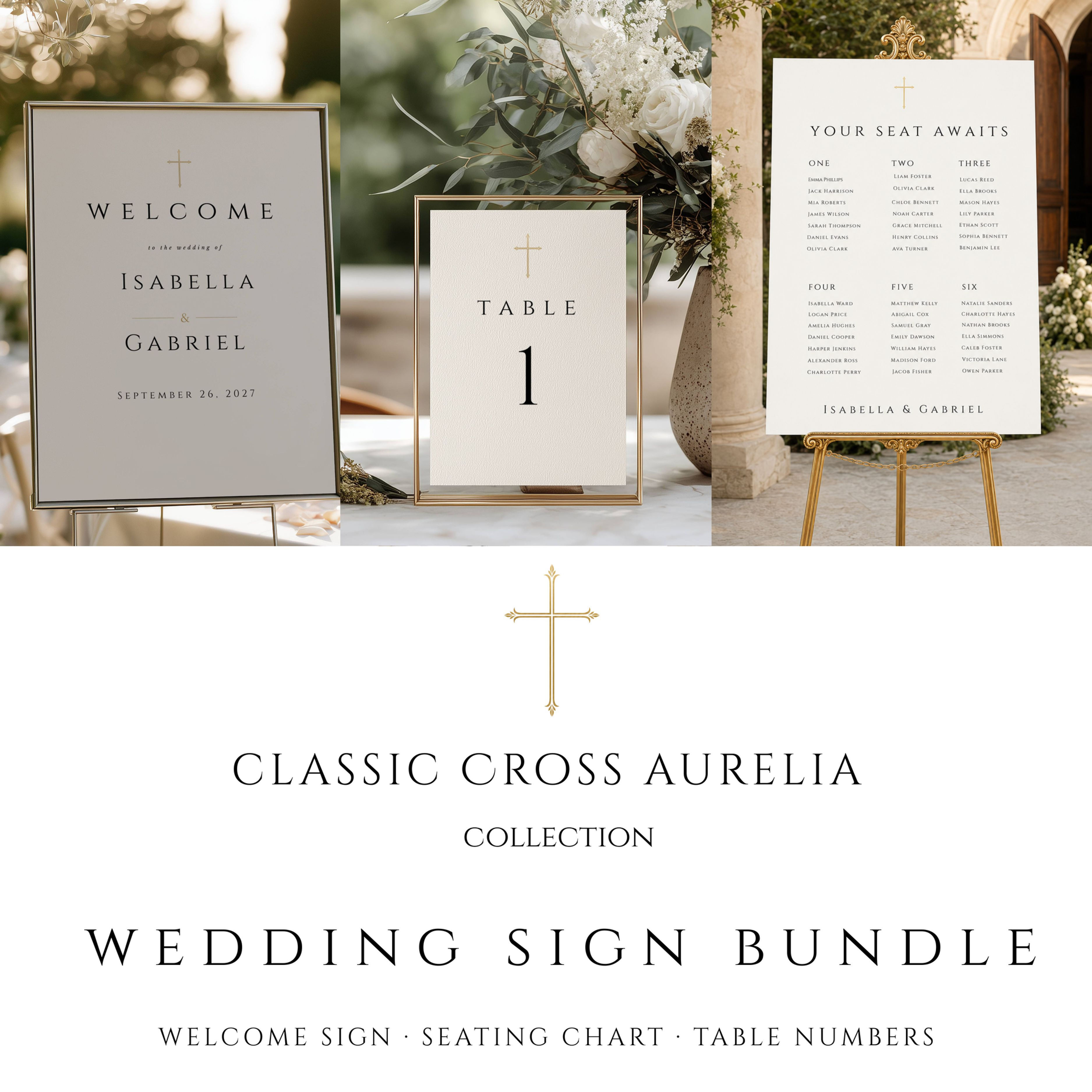 Catholic Wedding Sign Bundle Template | Editable Canva, Gold cross