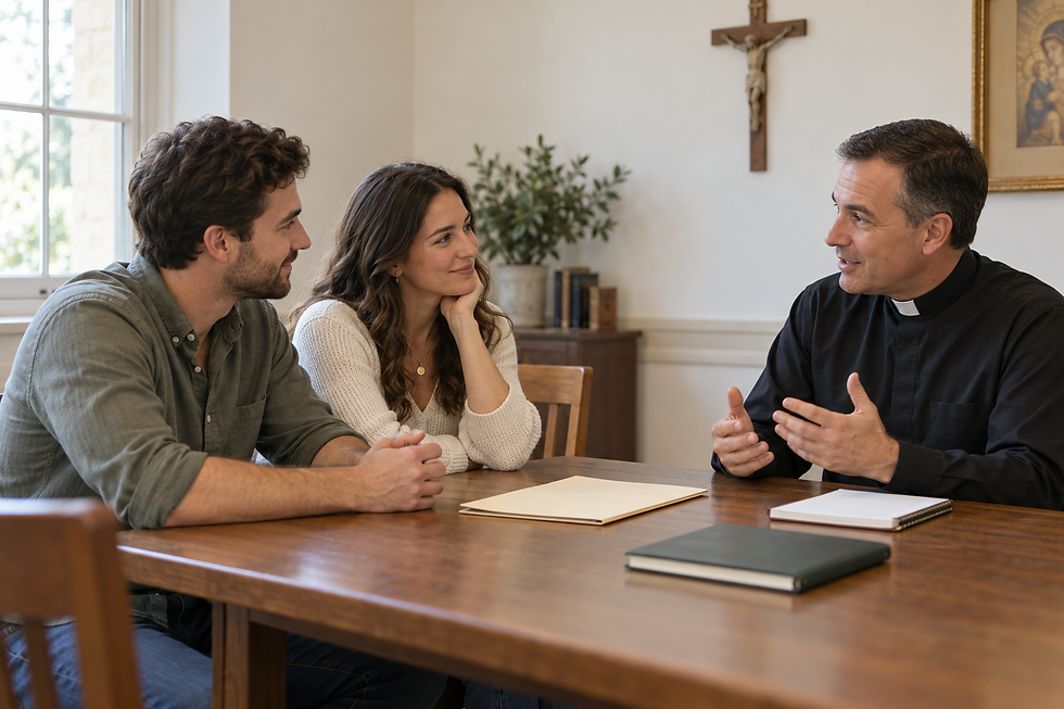 A couple preparing for their Catholic wedding celebration