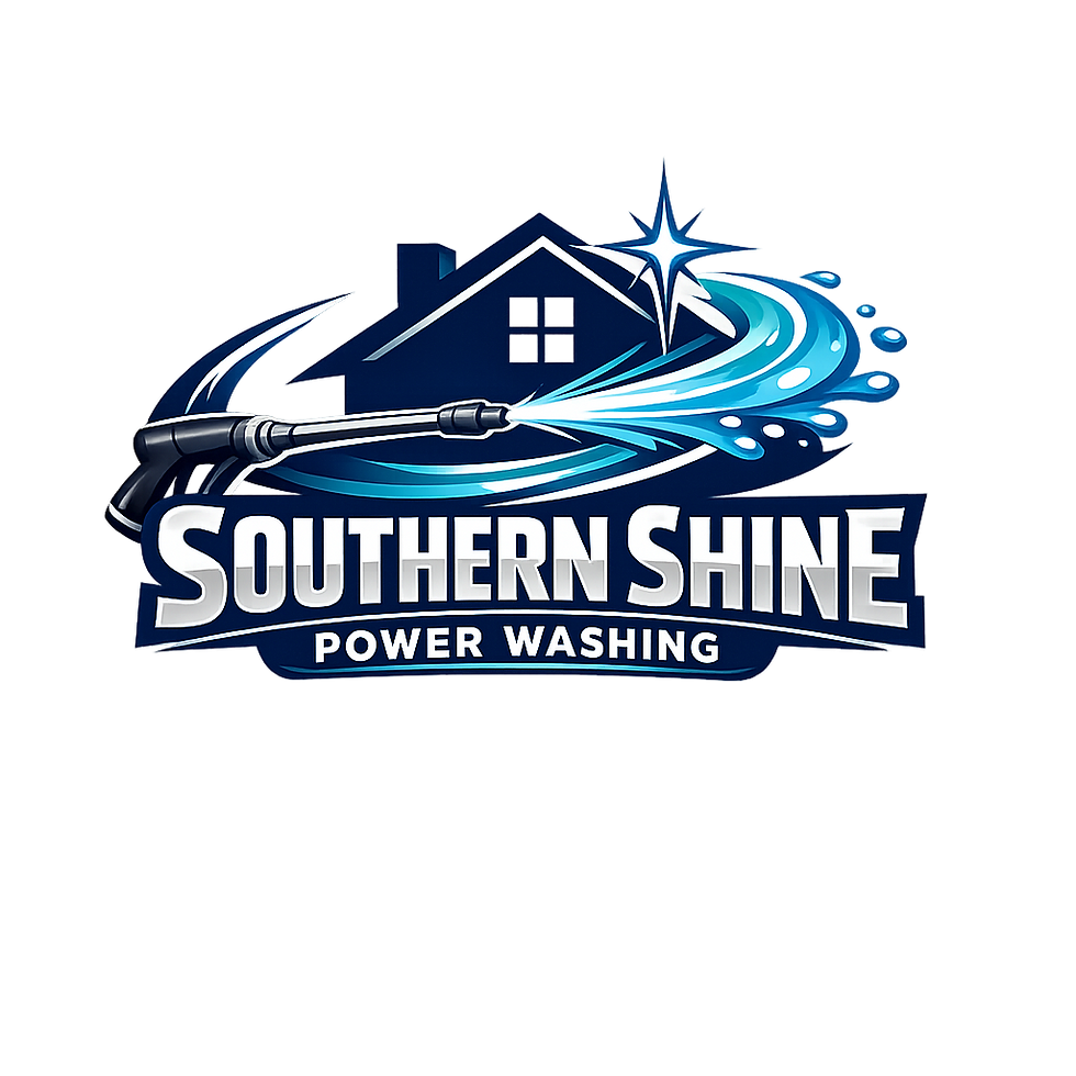 Logo for Southern Shine Power Washing with a house, power washing wand, and blue water swoosh
