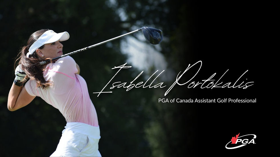 Isabella Portokalis, PGA golf professional, wearing pink shirt and white visor while swinging a golf club
