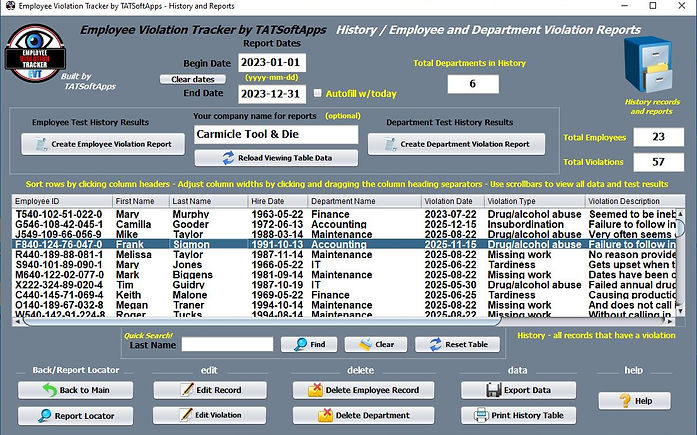 Employee Management Software History Window