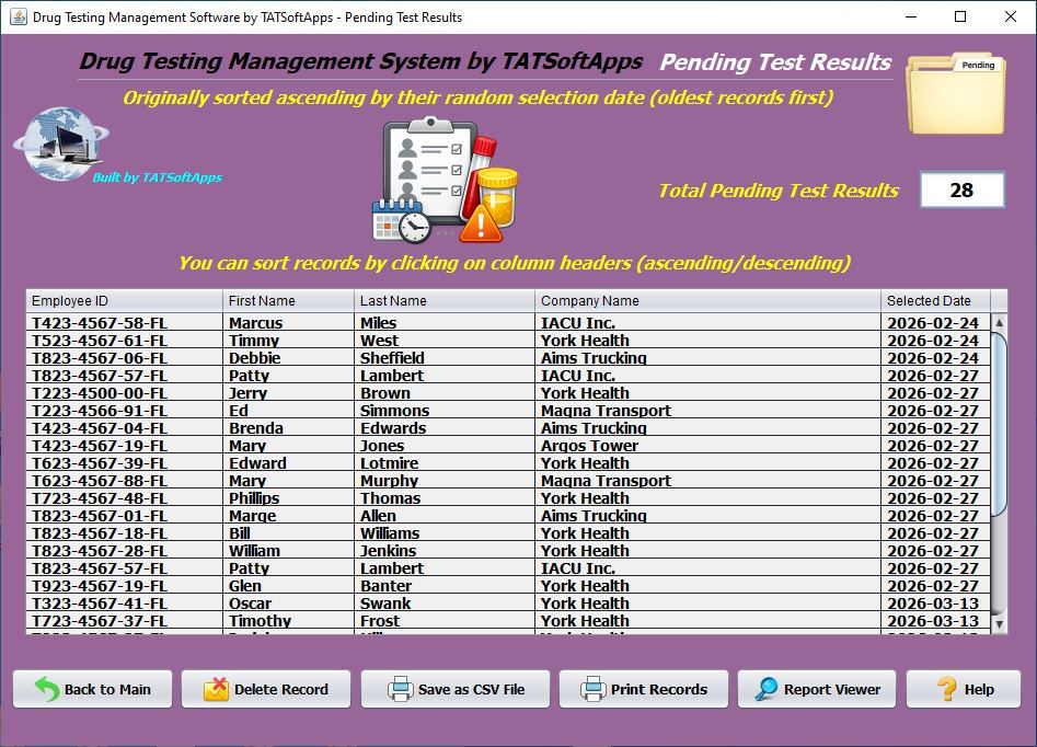 Drug Testing Software Pending Results Window