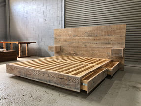 Reclaimed Timber - King Size Bed Frame - with under bed storage and side tables.