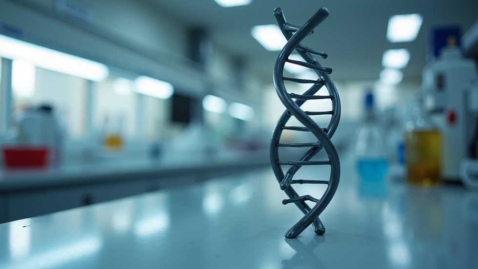 Eye-level view of a DNA helix model on a lab table