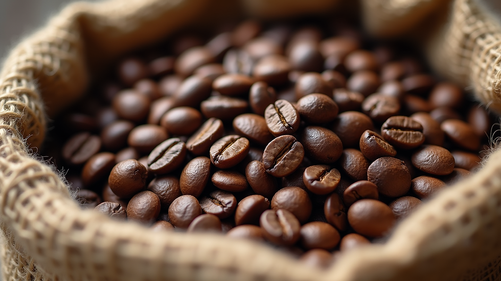 Close-up view of freshly roasted coffee beans in a burlap sack