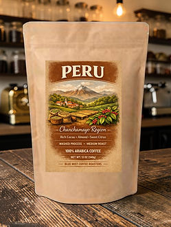 Bag of roasted peru coffee on rustic table