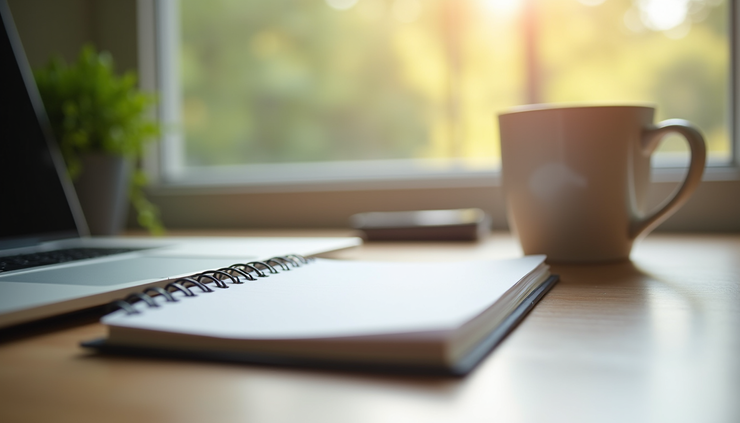Eye-level view of a tidy desk with a notebook, coffee cup, and morning sunlight