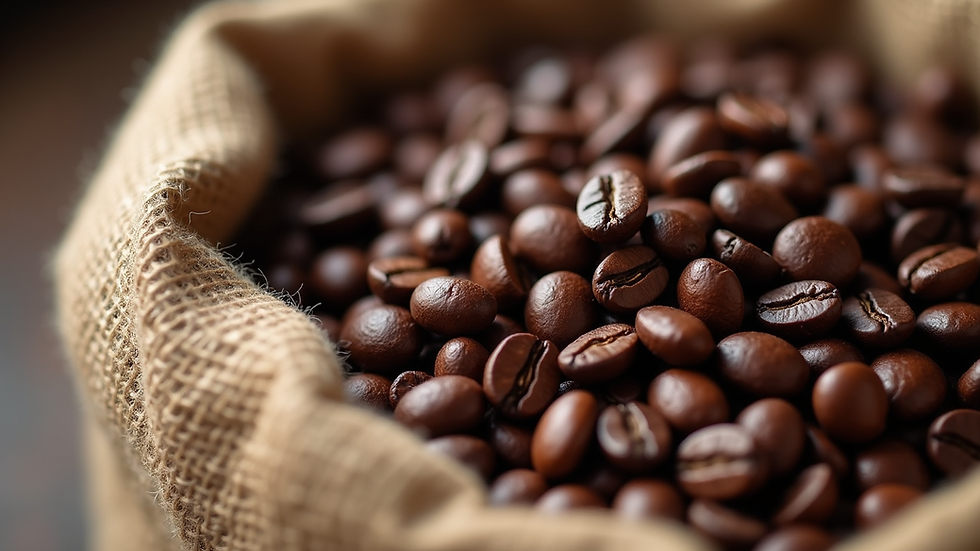 Close-up view of freshly roasted coffee beans in a burlap sack
