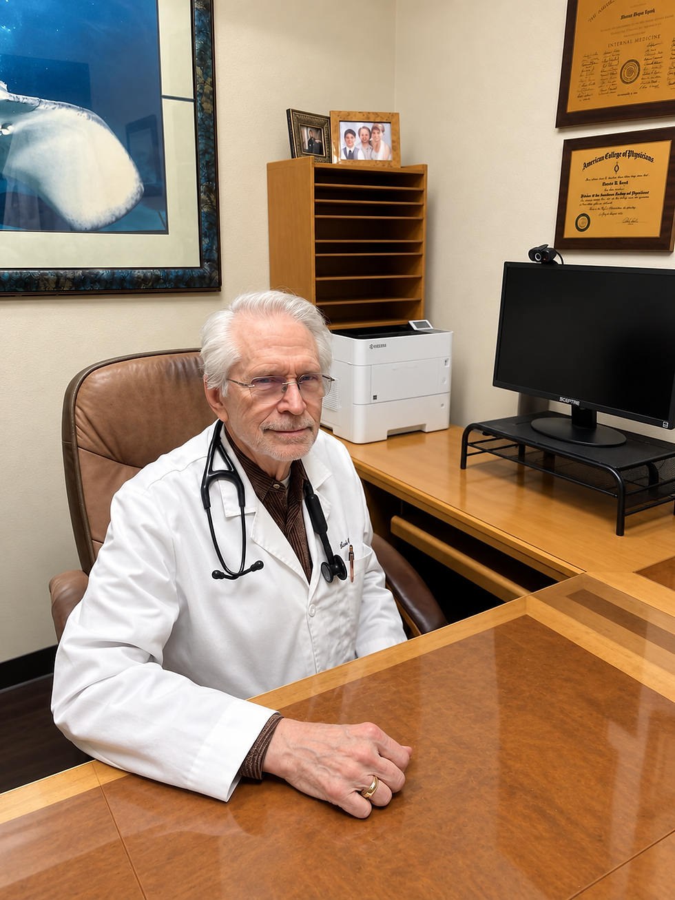 Dr. Michael Lynch, internal medicine physician, sitting at his desk in his Fresno office